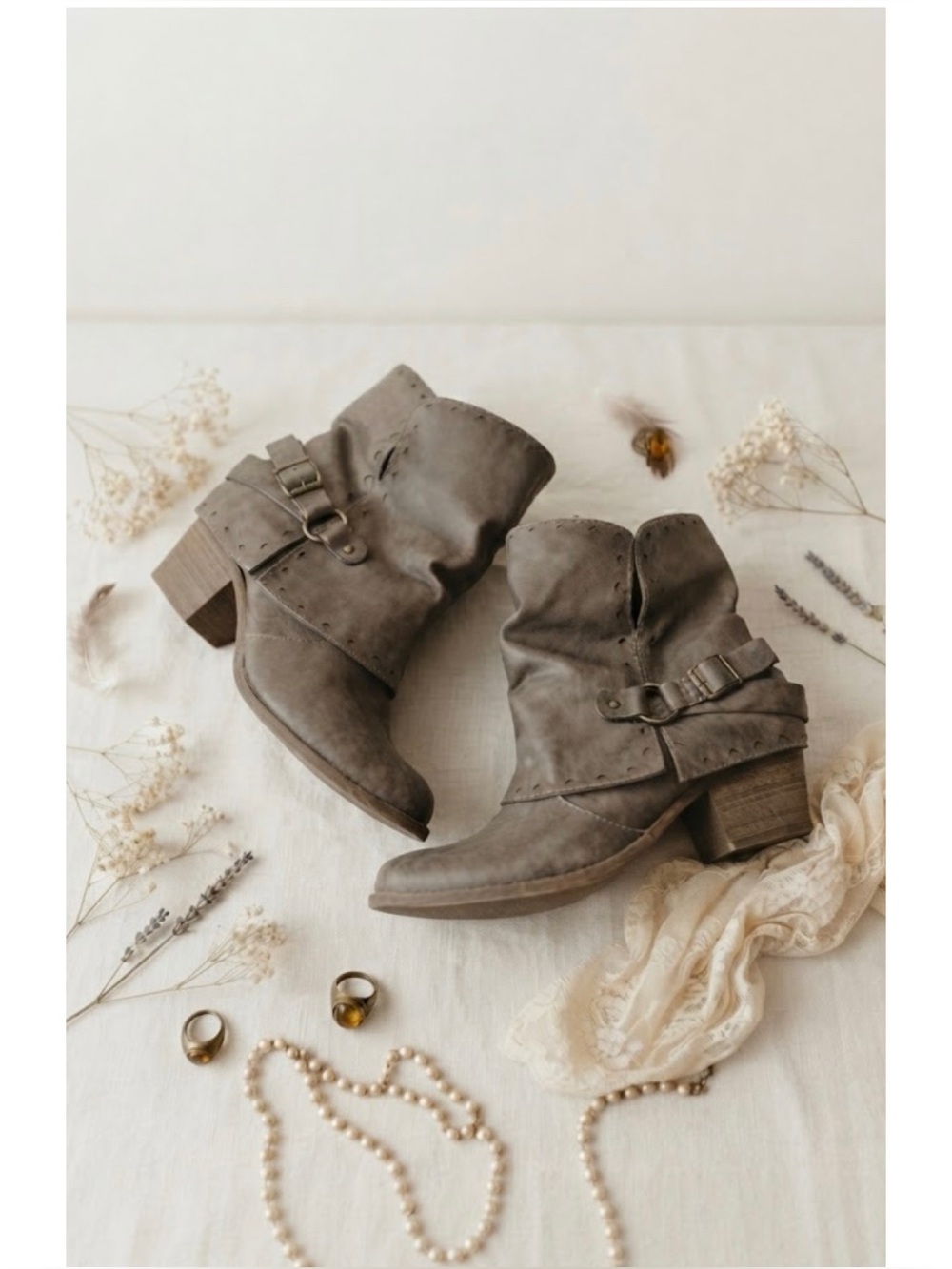 Shimmer By EDL Taupe Slouchy Ankle Heeled Boots Moto Buckle